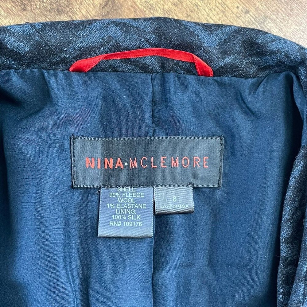 Nina McLemore Womens Blazer Jacket Sz 8 Blue Black Wool Animal Print Belted - Picture 10 of 10